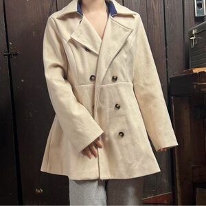 Elegant Cream Double-Breasted Women's Coat, Pea Coat